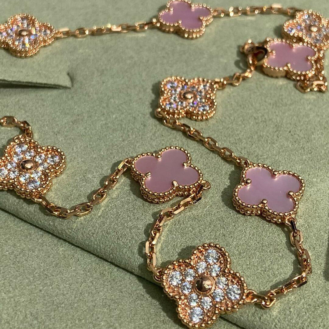 [Garvey ]CLOVER 10 MOTIFS DIAMOND PINK MOP NECKLACE