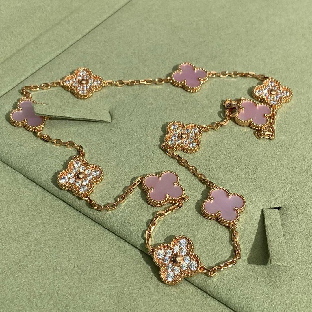 [Garvey ]CLOVER 10 MOTIFS DIAMOND PINK MOP NECKLACE