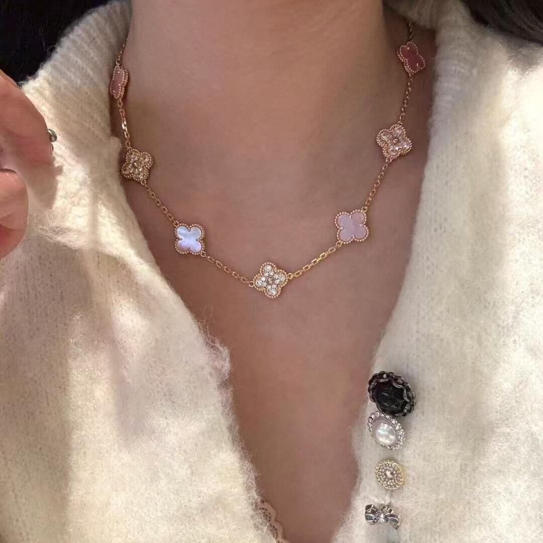 [Garvey ]CLOVER 10 MOTIFS DIAMOND PINK MOP NECKLACE