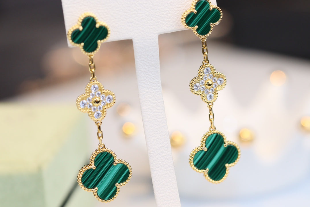 [Garvey ]CLOVER EARRINGS GOLD MALACHITE DIAMOND 3 MOTIF