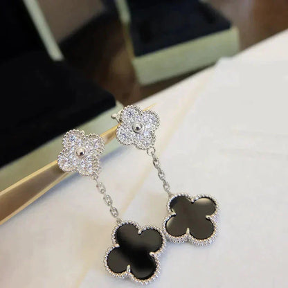 [Garvey ]CLOVER 2 MOTIFS  DIAMOND ONYX EARRINGS SILVER