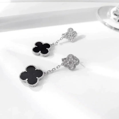 [Garvey ]CLOVER 2 MOTIFS  DIAMOND ONYX EARRINGS SILVER