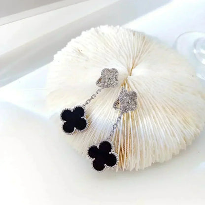 [Garvey ]CLOVER 2 MOTIFS  DIAMOND ONYX EARRINGS SILVER