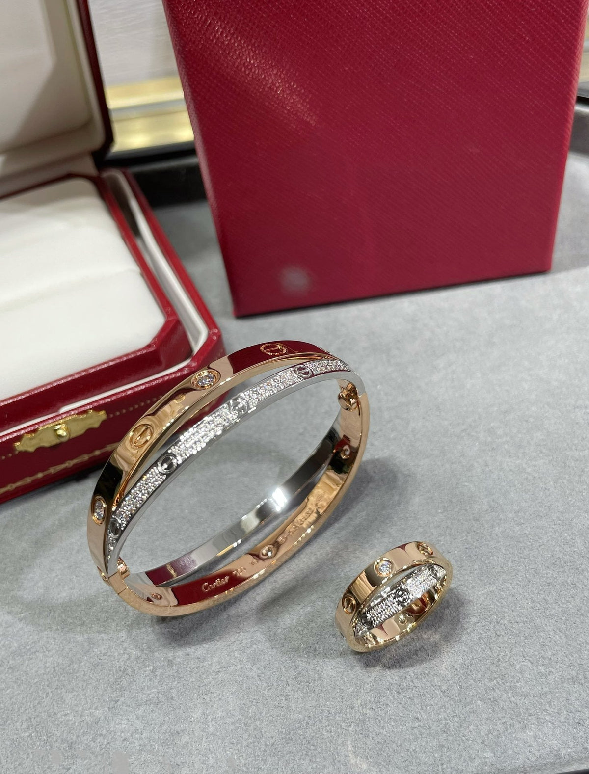 [Garvey ]LOVE PINK GOLD SILVER DIAMOND DOUBLE RING