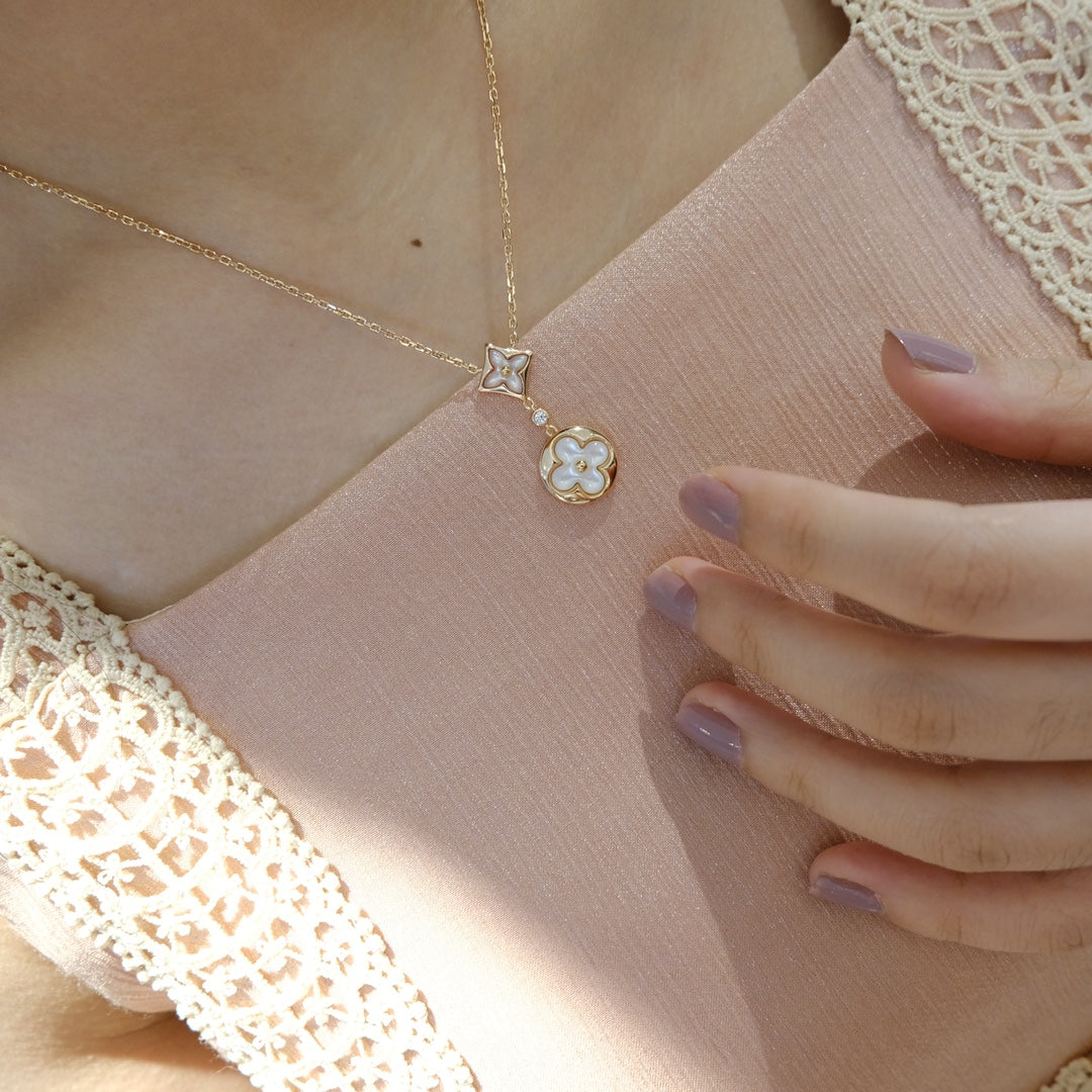 [Garvey ]STAR AND SUN WHITE MOP 2 MOTIF PINK GOLD NECKLACE