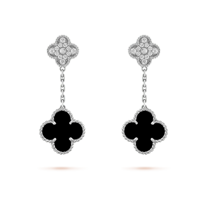 [Garvey ]CLOVER 2 MOTIFS  DIAMOND ONYX EARRINGS SILVER