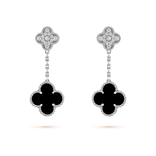 [Garvey ]CLOVER 2 MOTIFS  DIAMOND ONYX EARRINGS SILVER
