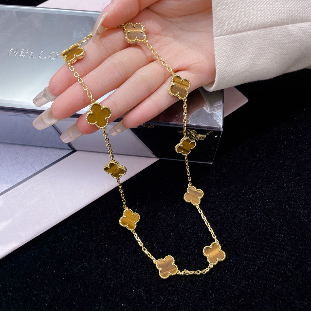 [Garvey ]CLOVER 10 MOTIFS TIGER EYE NECKLACE