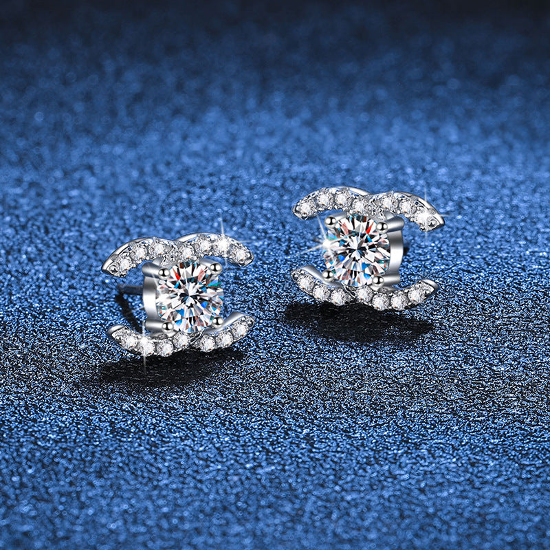 [Garvey]CHIC INTERLOCKING DOUBLE-C MOISSANITE STUD EARRINGS