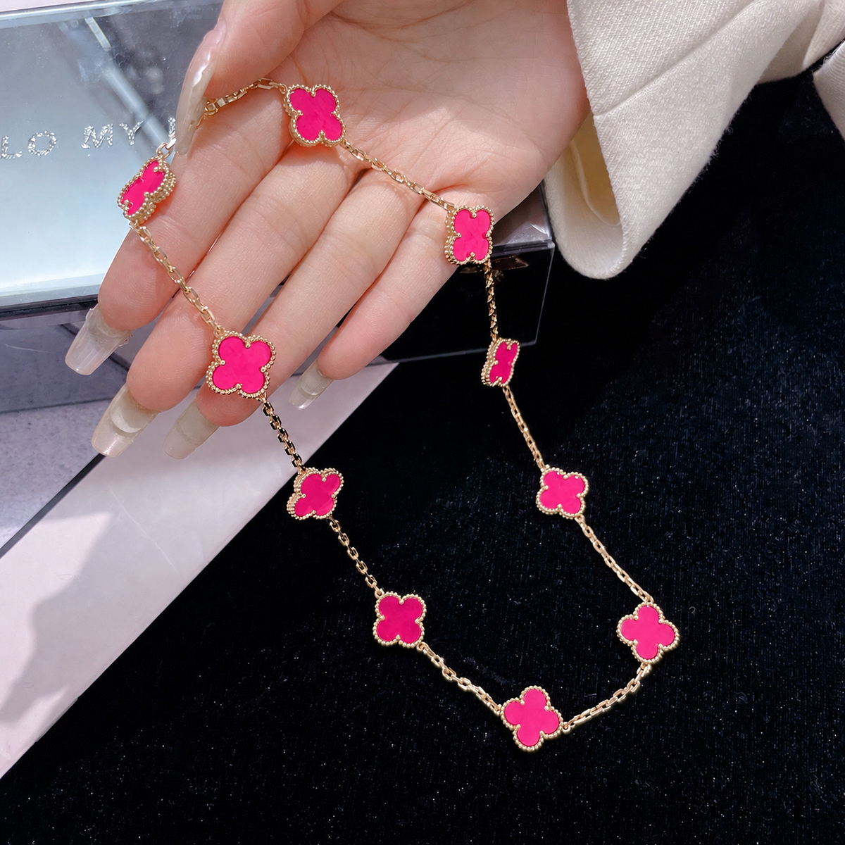[Garvey]NEW CLOVER 10 MOTIFS PINK ENAMEL NECKLACE
