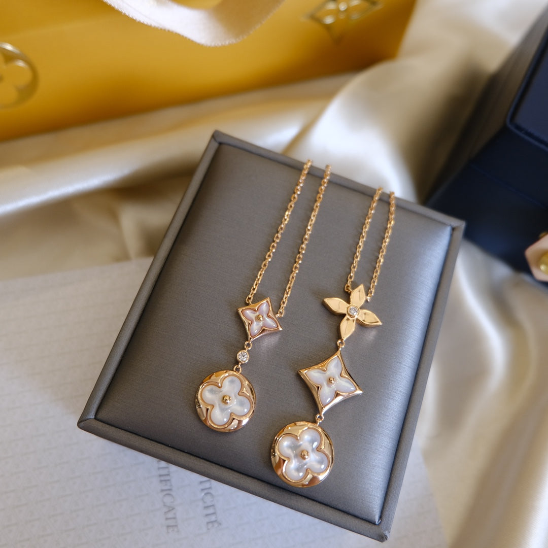 [Garvey ]COLOR BLOSSOM LARIAT NECKLACE PINK GOLD WHITE MOTHER PEARL AND DIAMOND