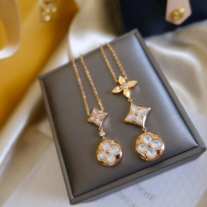 [Garvey ]COLOR BLOSSOM LARIAT NECKLACE PINK GOLD WHITE MOTHER PEARL AND DIAMOND