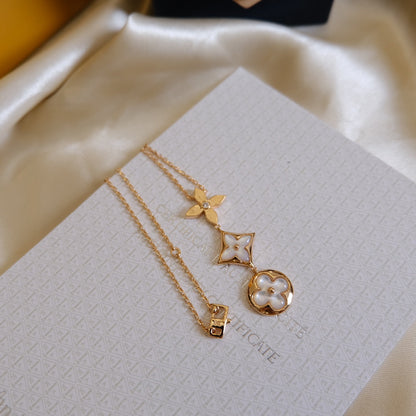 [Garvey ]COLOR BLOSSOM LARIAT NECKLACE PINK GOLD WHITE MOTHER PEARL AND DIAMOND