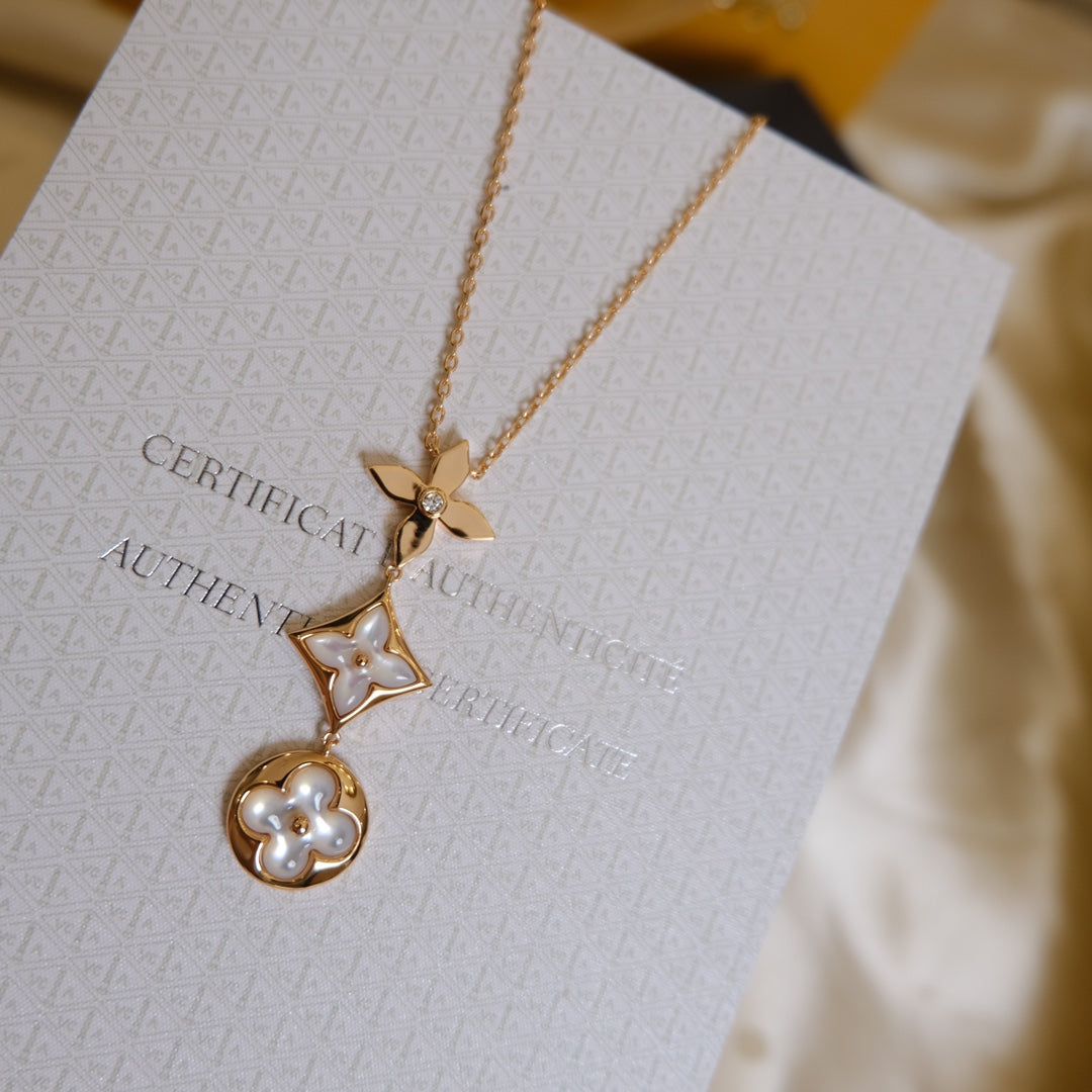 [Garvey ]COLOR BLOSSOM LARIAT NECKLACE PINK GOLD WHITE MOTHER PEARL AND DIAMOND