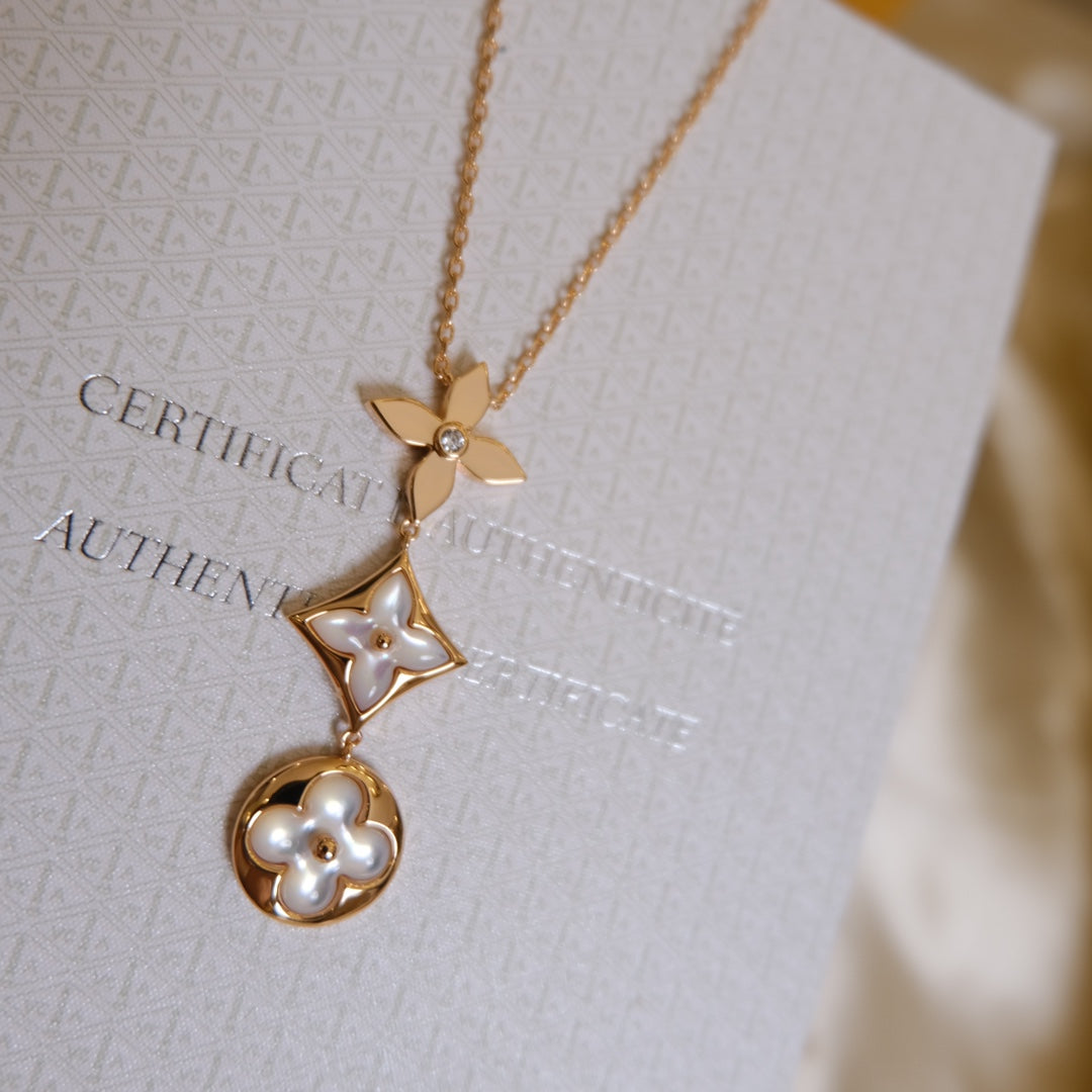 [Garvey ]COLOR BLOSSOM LARIAT NECKLACE PINK GOLD WHITE MOTHER PEARL AND DIAMOND
