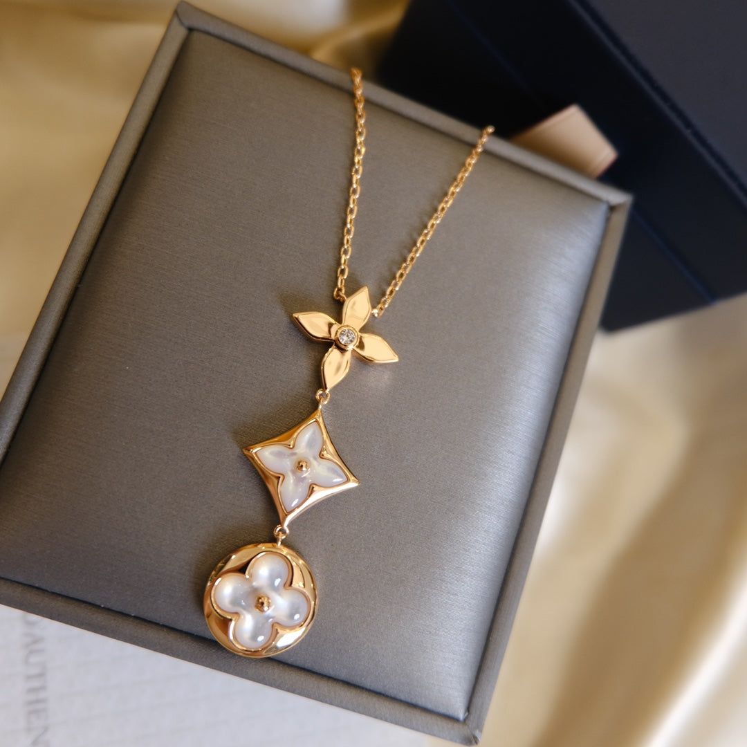 [Garvey ]COLOR BLOSSOM LARIAT NECKLACE PINK GOLD WHITE MOTHER PEARL AND DIAMOND