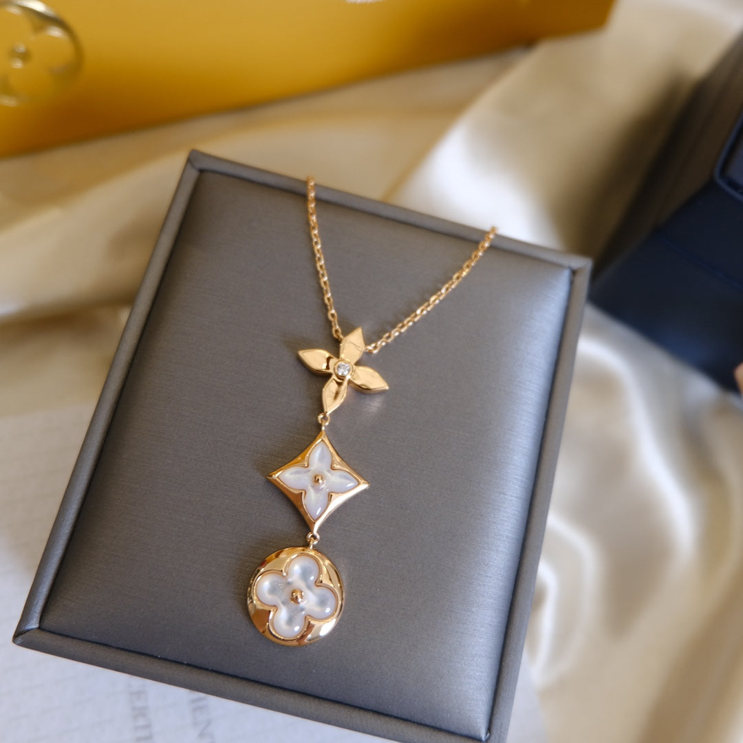 [Garvey ]COLOR BLOSSOM LARIAT NECKLACE PINK GOLD WHITE MOTHER PEARL AND DIAMOND