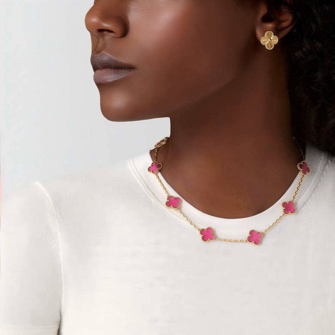 [Garvey]NEW CLOVER 10 MOTIFS PINK ENAMEL NECKLACE