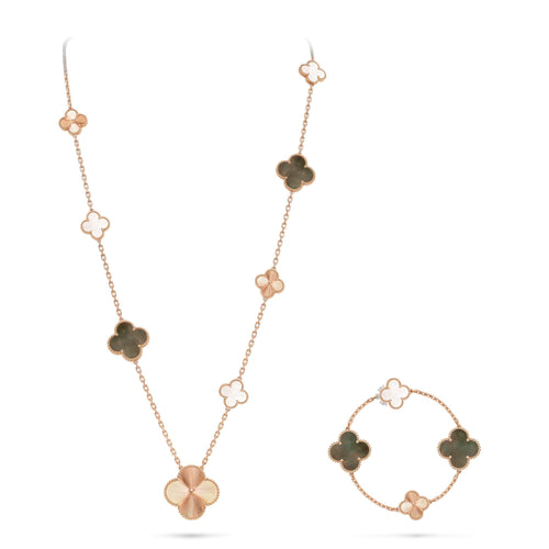 [Garvey ]DETACHABLE CLOVER 15(11+4) FLOWER ROSE GOLD NECKLACE SET