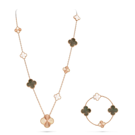 [Garvey ]DETACHABLE CLOVER 15(11+4) FLOWER ROSE GOLD NECKLACE SET
