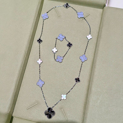 [Garvey ]DETACHABLE CLOVER 15(11+4) FLOWER SILVER NECKLACE SET