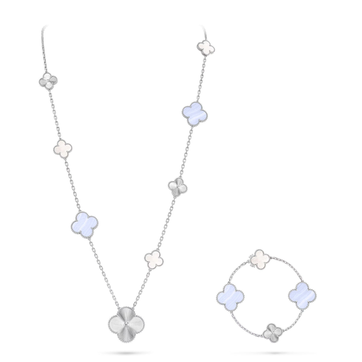[Garvey ]DETACHABLE CLOVER 15(11+4) FLOWER SILVER NECKLACE SET