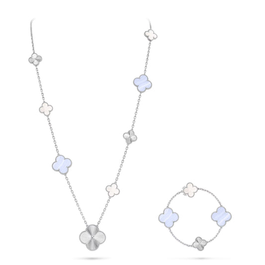 [Garvey ]DETACHABLE CLOVER 15(11+4) FLOWER SILVER NECKLACE SET