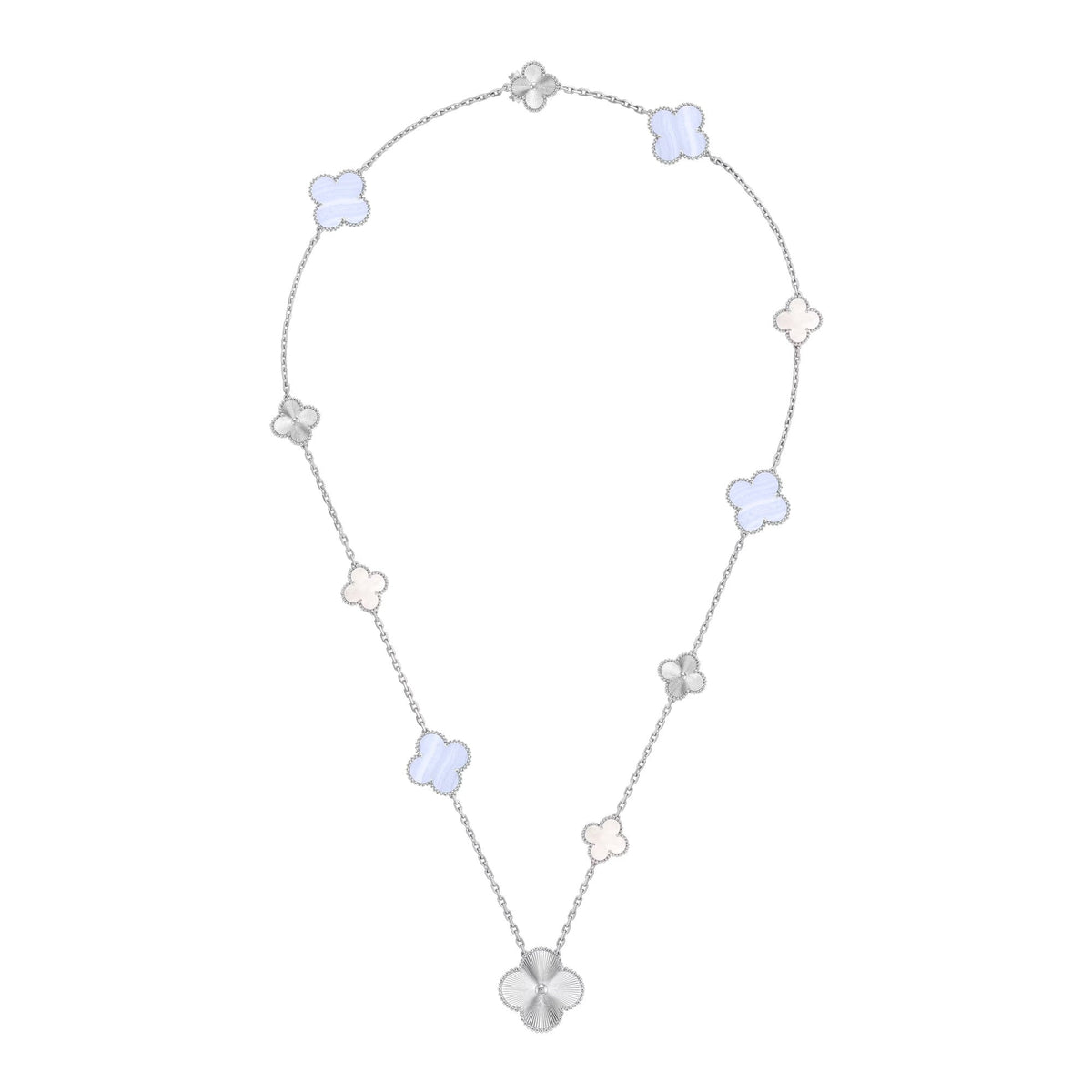 [Garvey ]DETACHABLE CLOVER 15(11+4) FLOWER SILVER NECKLACE SET