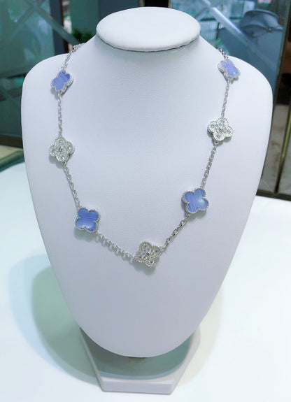 [Garvey ]CLOVER 10 MOTIFS CHALCEDONY DIAMONDS SILVER NECKLACE