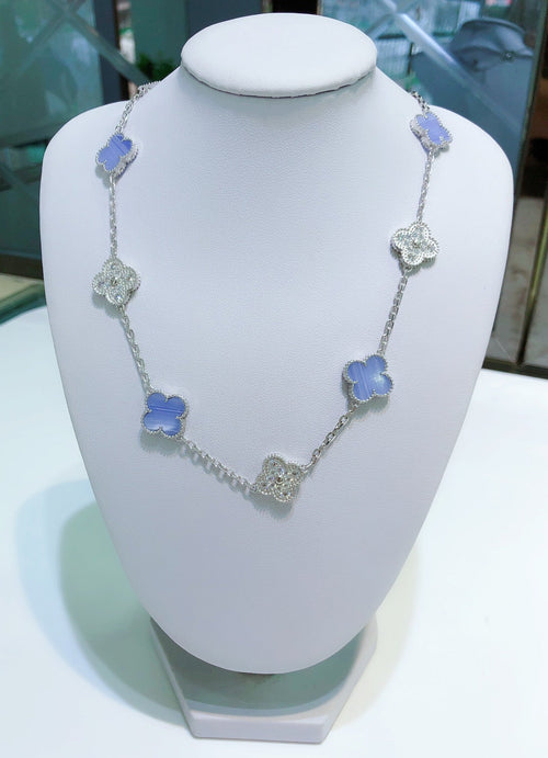 [Garvey ]CLOVER 10 MOTIFS CHALCEDONY DIAMONDS SILVER NECKLACE