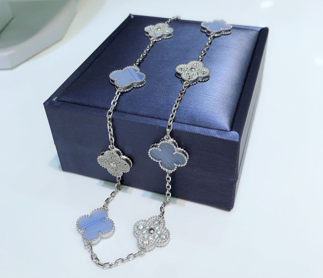 [Garvey ]CLOVER 10 MOTIFS CHALCEDONY DIAMONDS SILVER NECKLACE