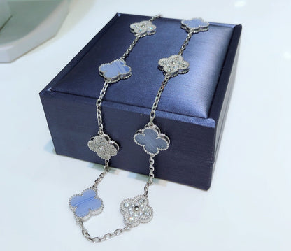 [Garvey ]CLOVER 10 MOTIFS CHALCEDONY DIAMONDS SILVER NECKLACE