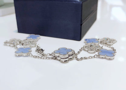 [Garvey ]CLOVER 10 MOTIFS CHALCEDONY DIAMONDS SILVER NECKLACE