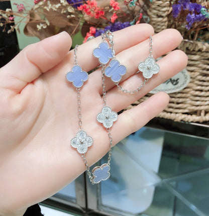[Garvey ]CLOVER 10 MOTIFS CHALCEDONY DIAMONDS SILVER NECKLACE